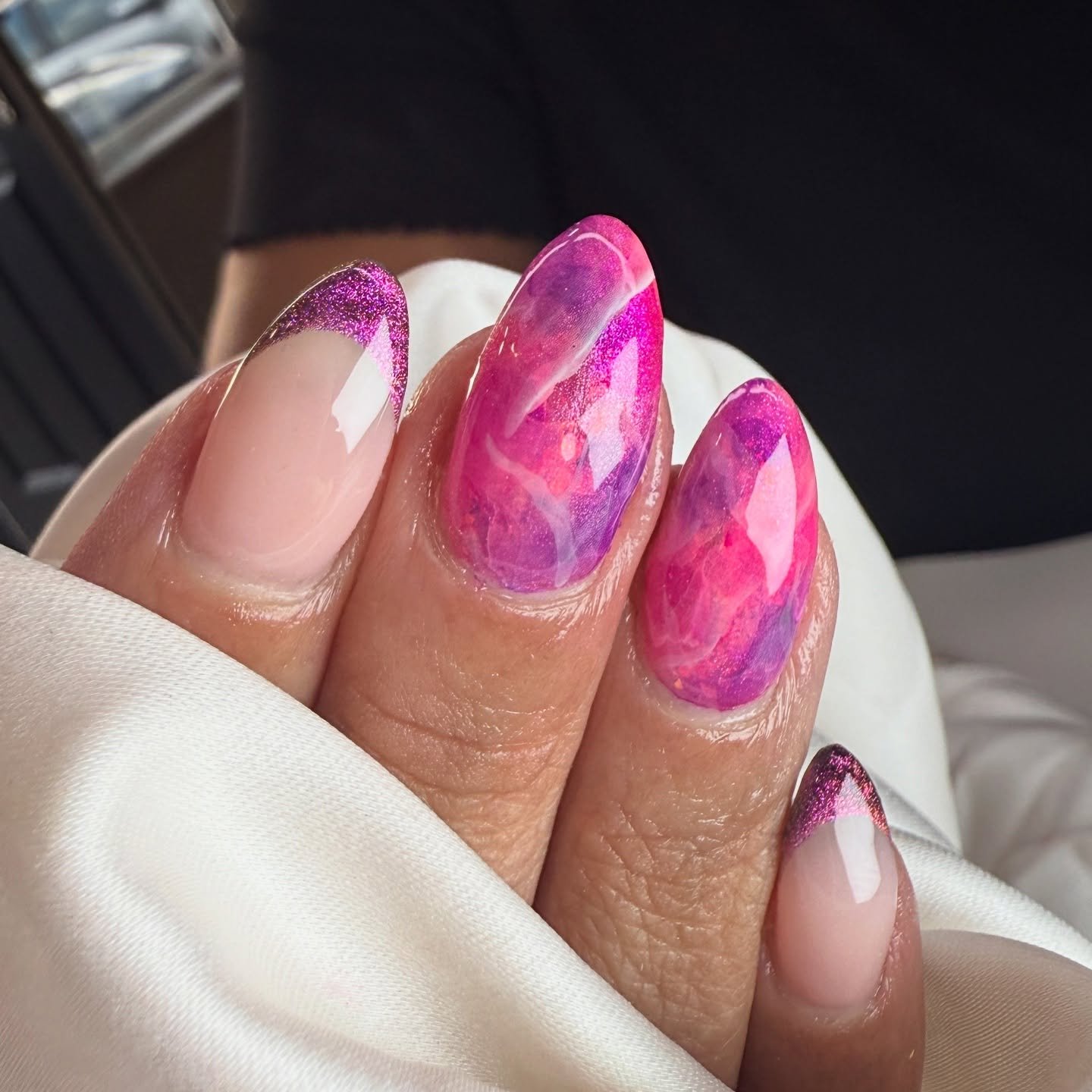 Long Almond Nails with Black and White Abstract Marble