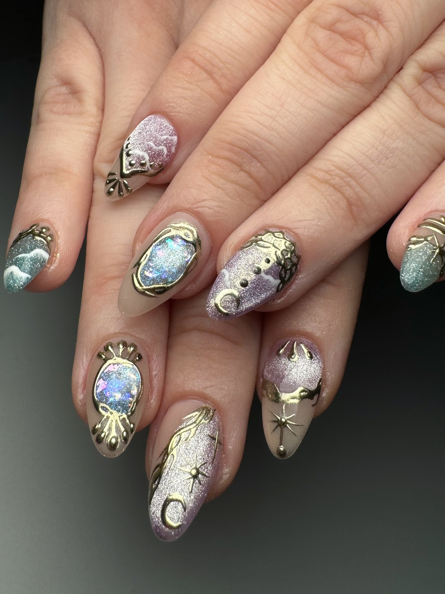 Long Almond Nails with Neutral Green and Blue Reflective Finish