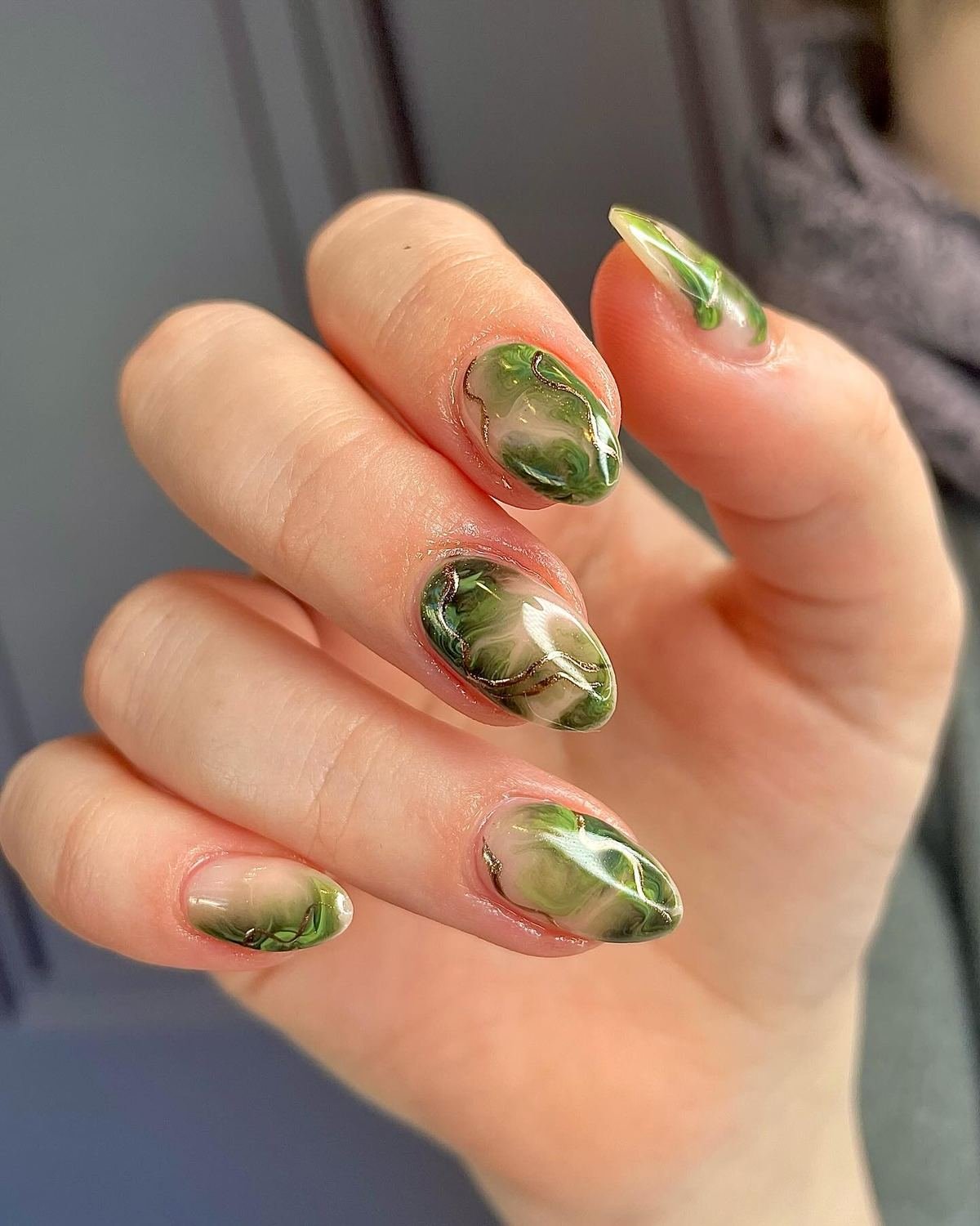 Sheer Moss Green Marble Oval Nails