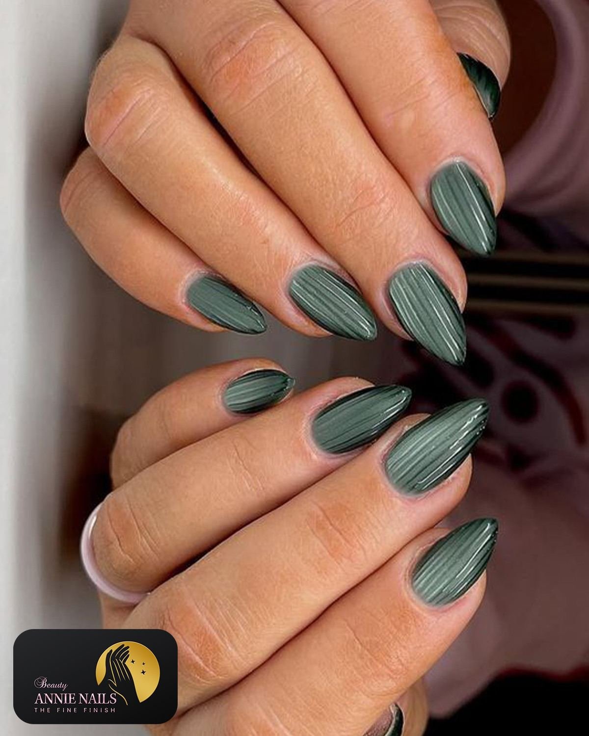 Ribbed Moss Green Almond Nails