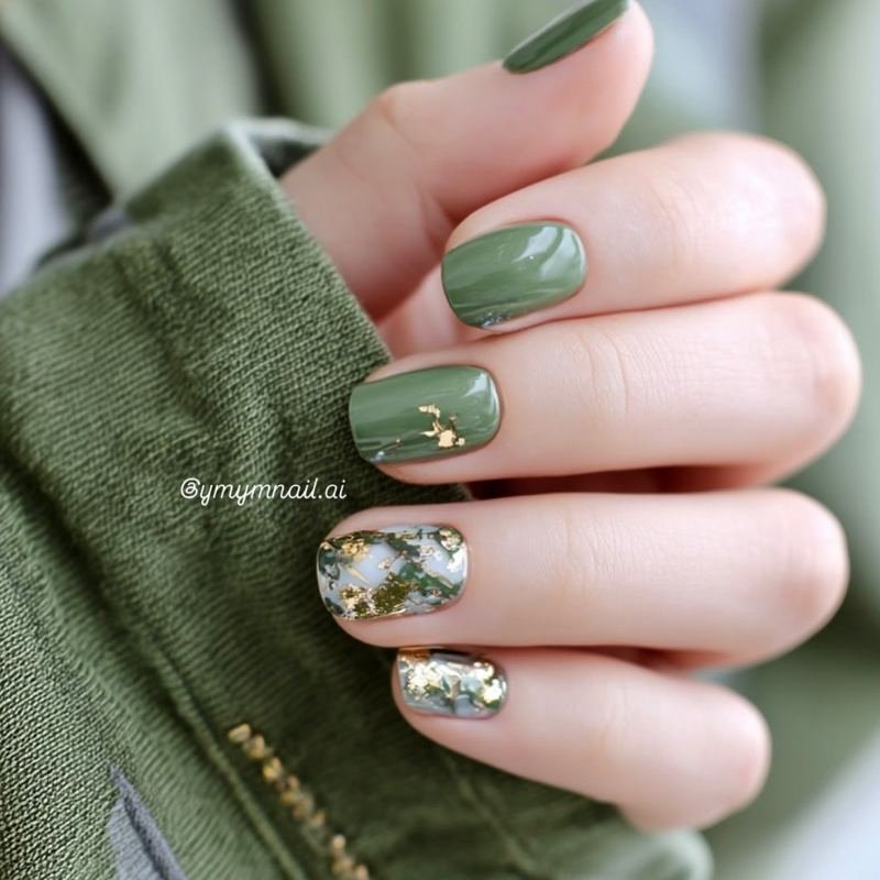Moss Green Nails with Gold Leaf and Floral Accents