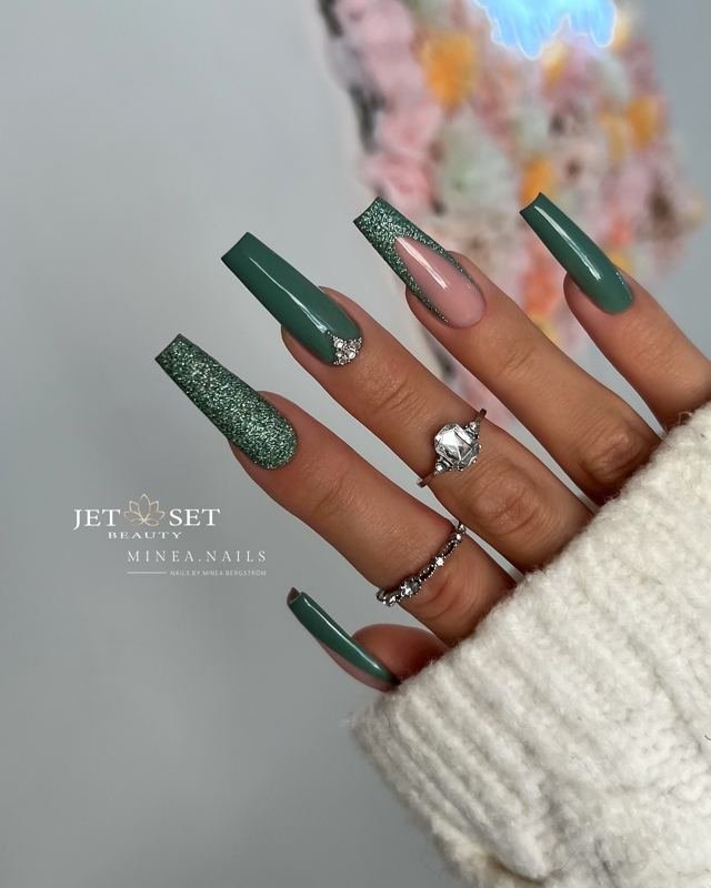 Moss Green Square Nails with Glitter and Nude Accents