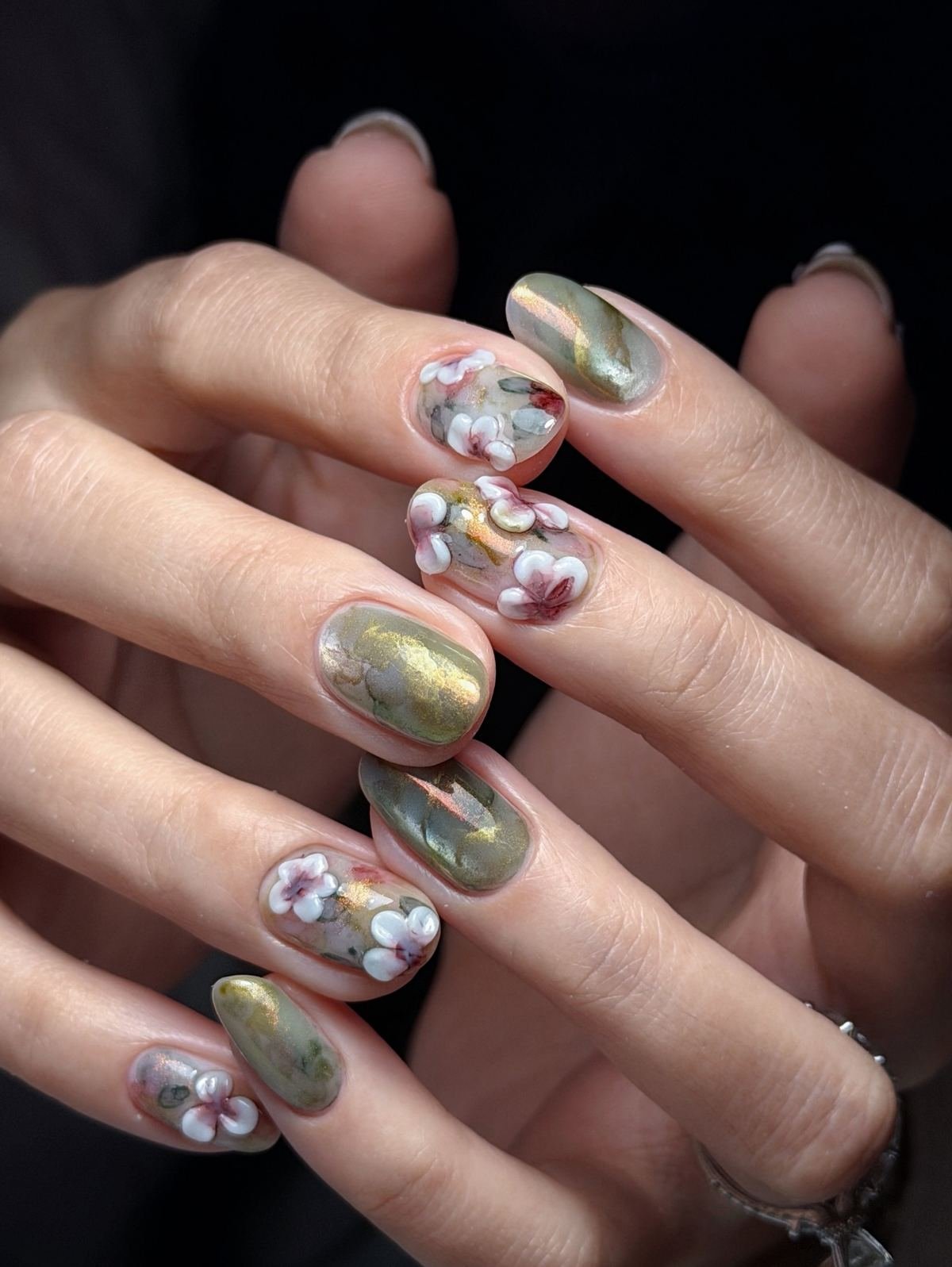 Moss Green Textured Nails with Raised Floral Embellishments