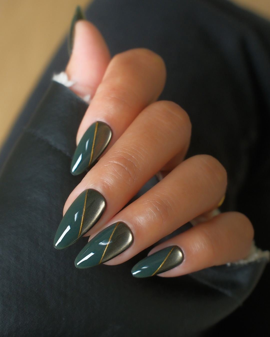 Glossy Deep Moss Green Almond Nails
