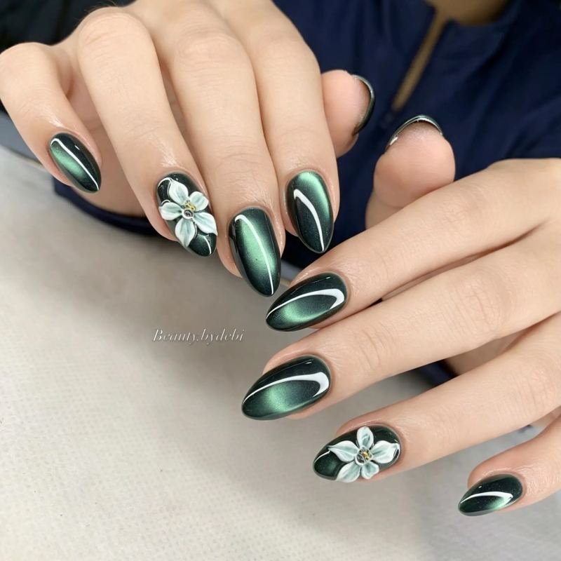Moss Green Almond French Tips with White Flowers
