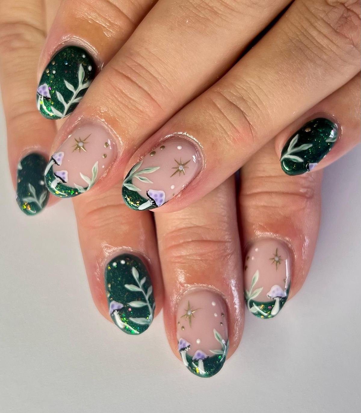 Sheer Nude and Moss Green Botanical French Nails