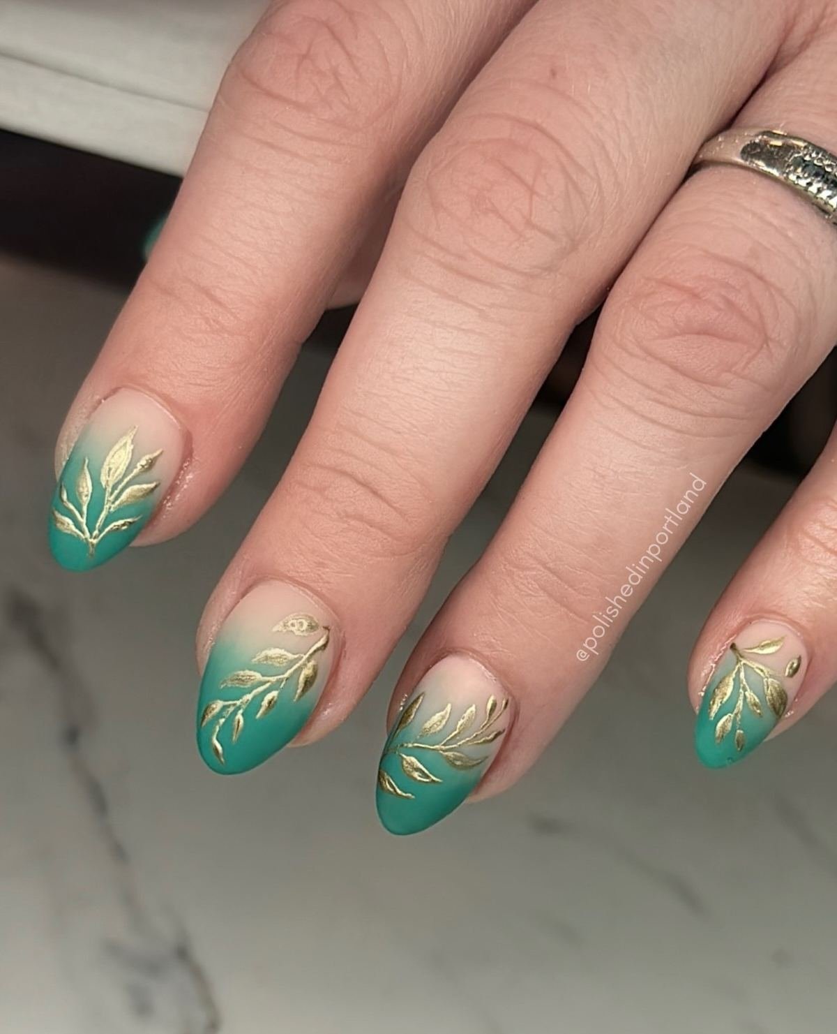 Moss Green French-Tip Nails with Gold Leaf Botanical Art