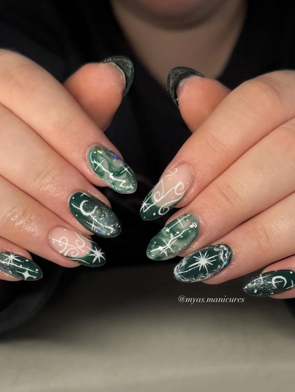 Moss Green and Clear Botanical Nails with White Line Art
