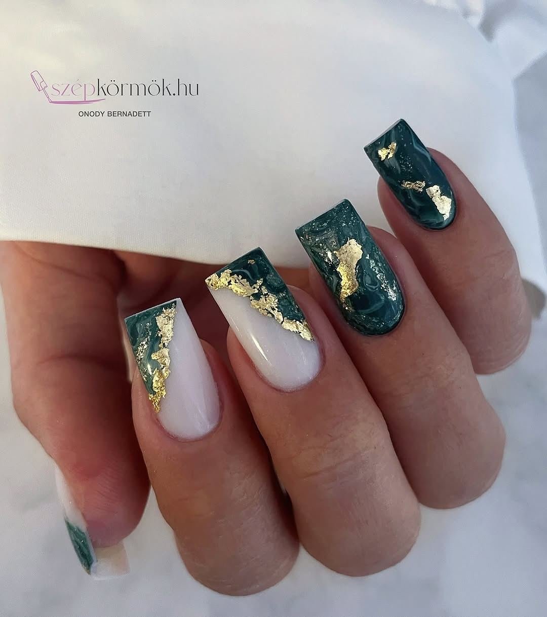 Deep Green Square French Nails with Gold Leaf