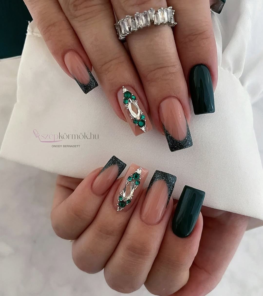 Nude and Deep Green Square Nails with Embellished Accents