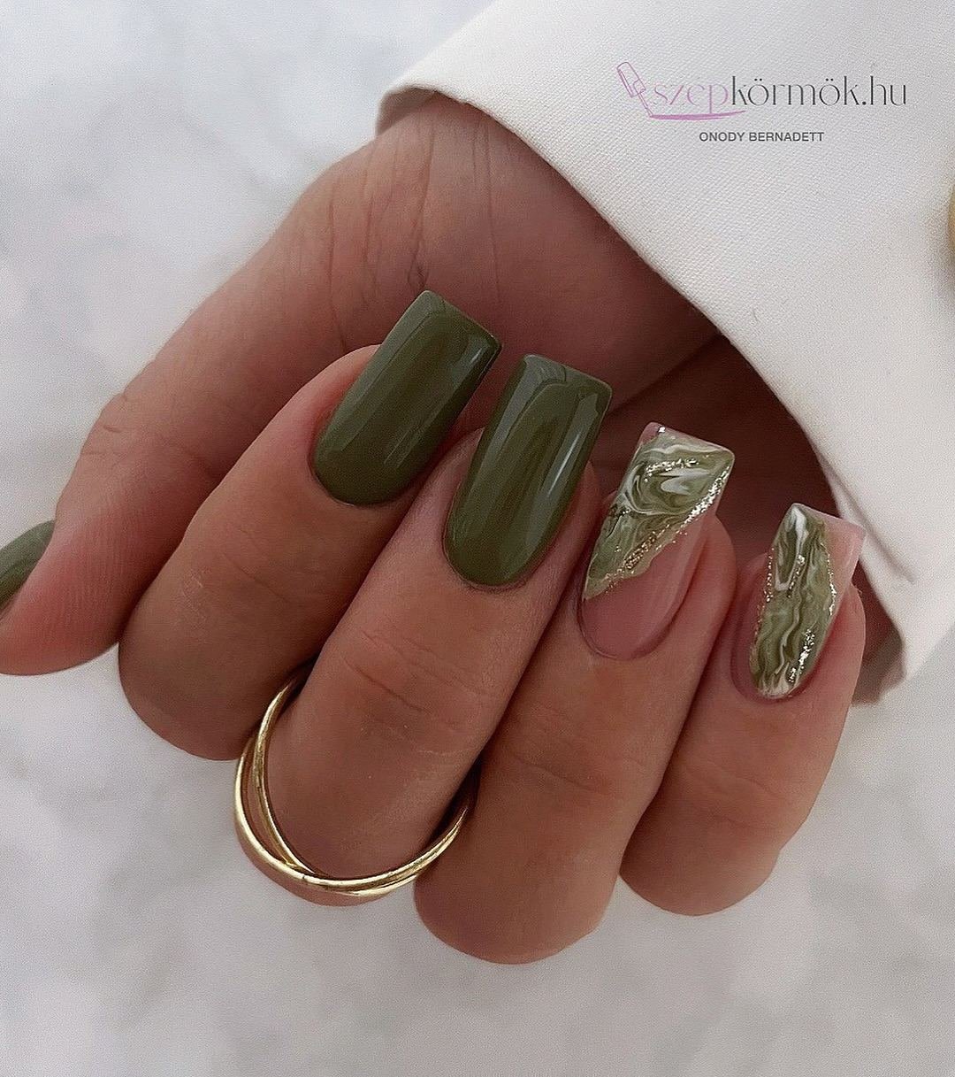 Olive Moss Green Square Nails with Metallic Foil Accents