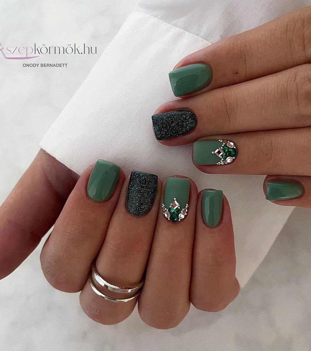 Matte Moss Green Square Nails with Black Glitter and Jewel Accents