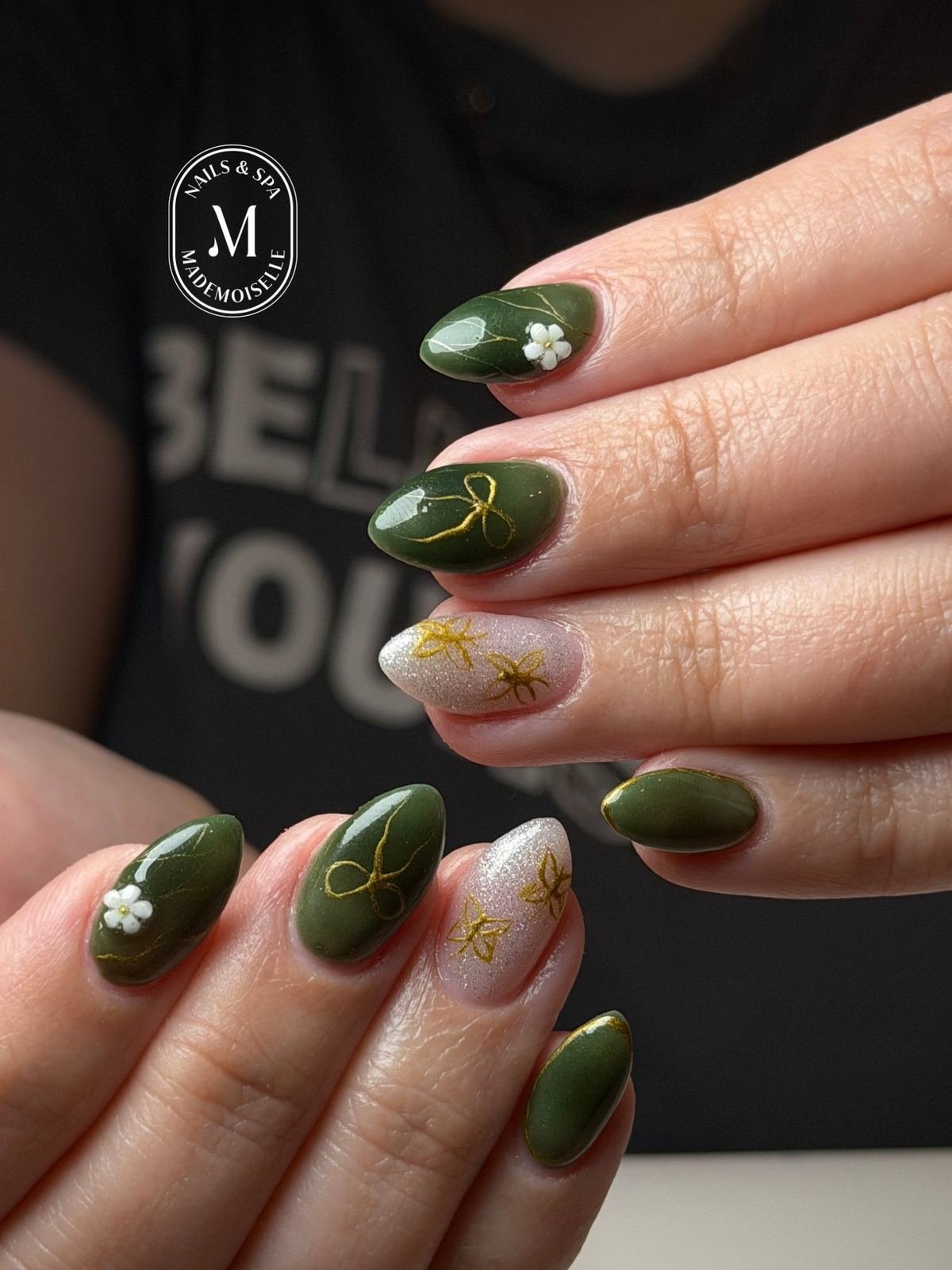 Moss Green and Sheer Nude Almond Nails with Gold Details