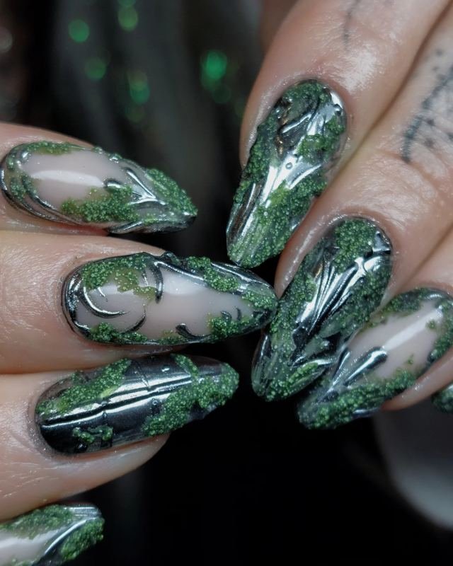 Moss Green and Silver Abstract Stiletto Nails