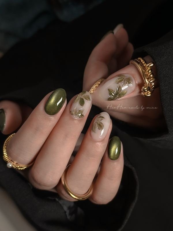 Olive Green and Sheer Nude Almond Nails with Gold Details