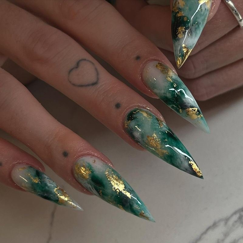Teal Moss Green Stiletto Nails with Gold Accents