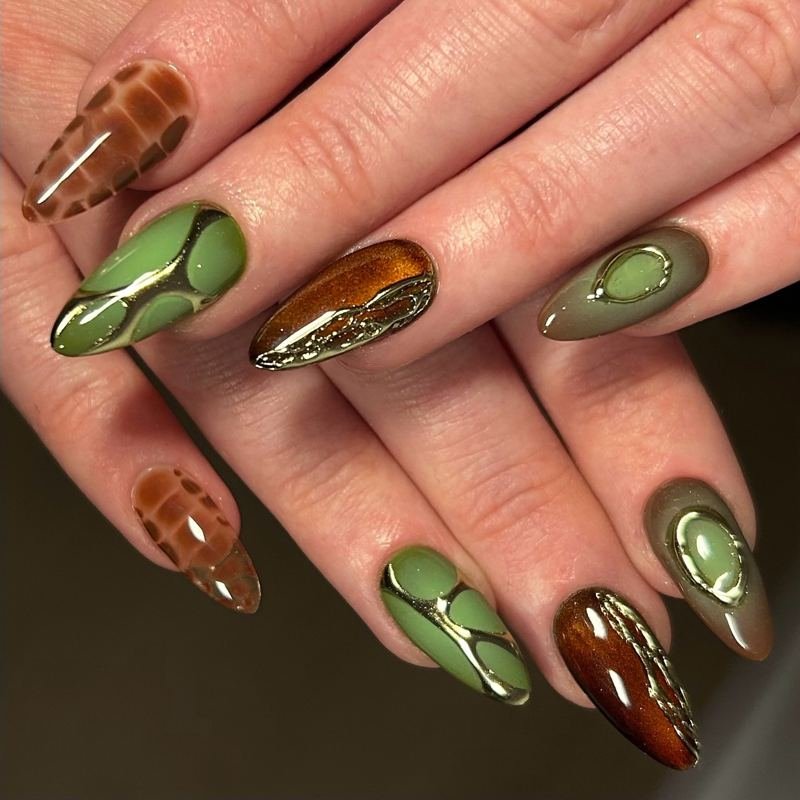 Moss Green and Brown Mixed Nails with Gold Line Details