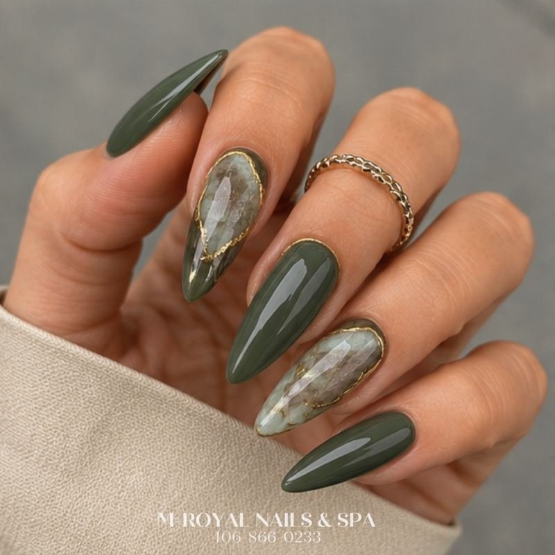 Deep Moss Green and Silver Marble Stiletto Nails