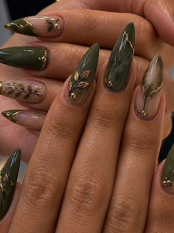 Moss Green and Nude Stiletto Nails with Gold Botanical Accents