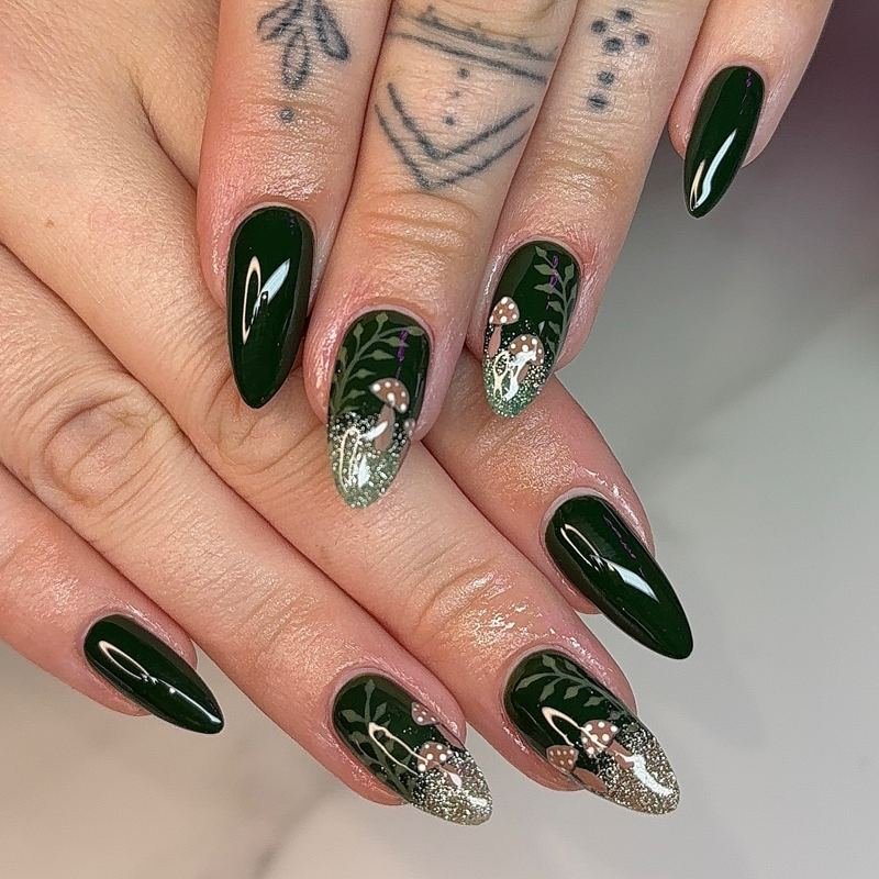 Glossy Moss Green Almond Nails with Glitter and Botanical Details