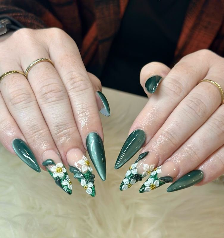 Moss Green Stiletto Nails with 3D White Floral Embellishments