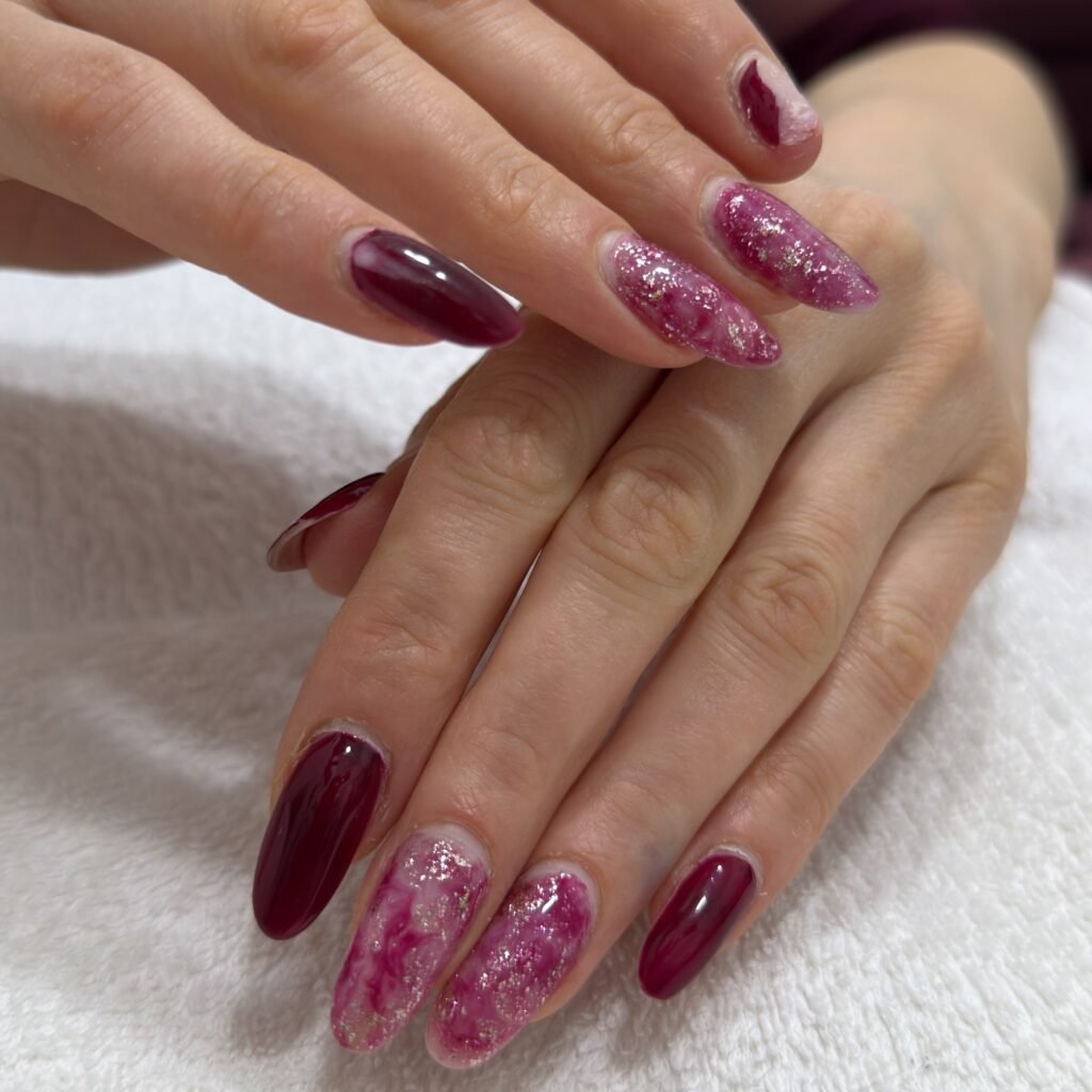 Purple Glitter Almond Nails