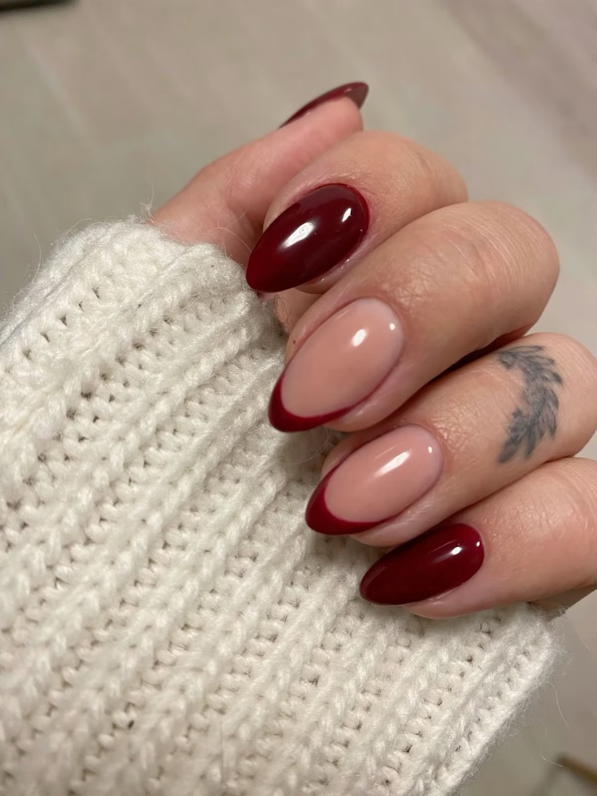 Nude and Burgundy Short Nails