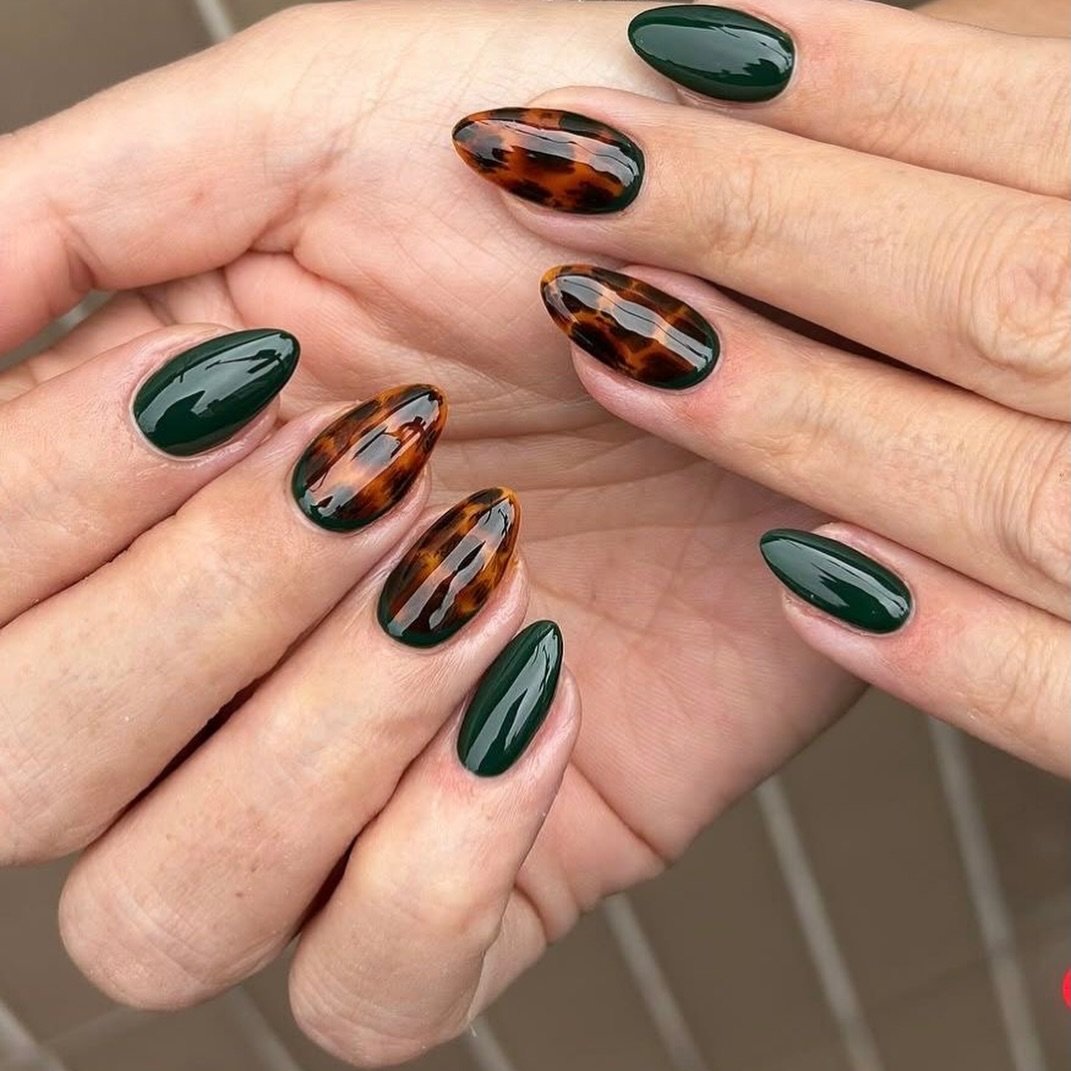 Dark Green and Brown Abstract Nails
