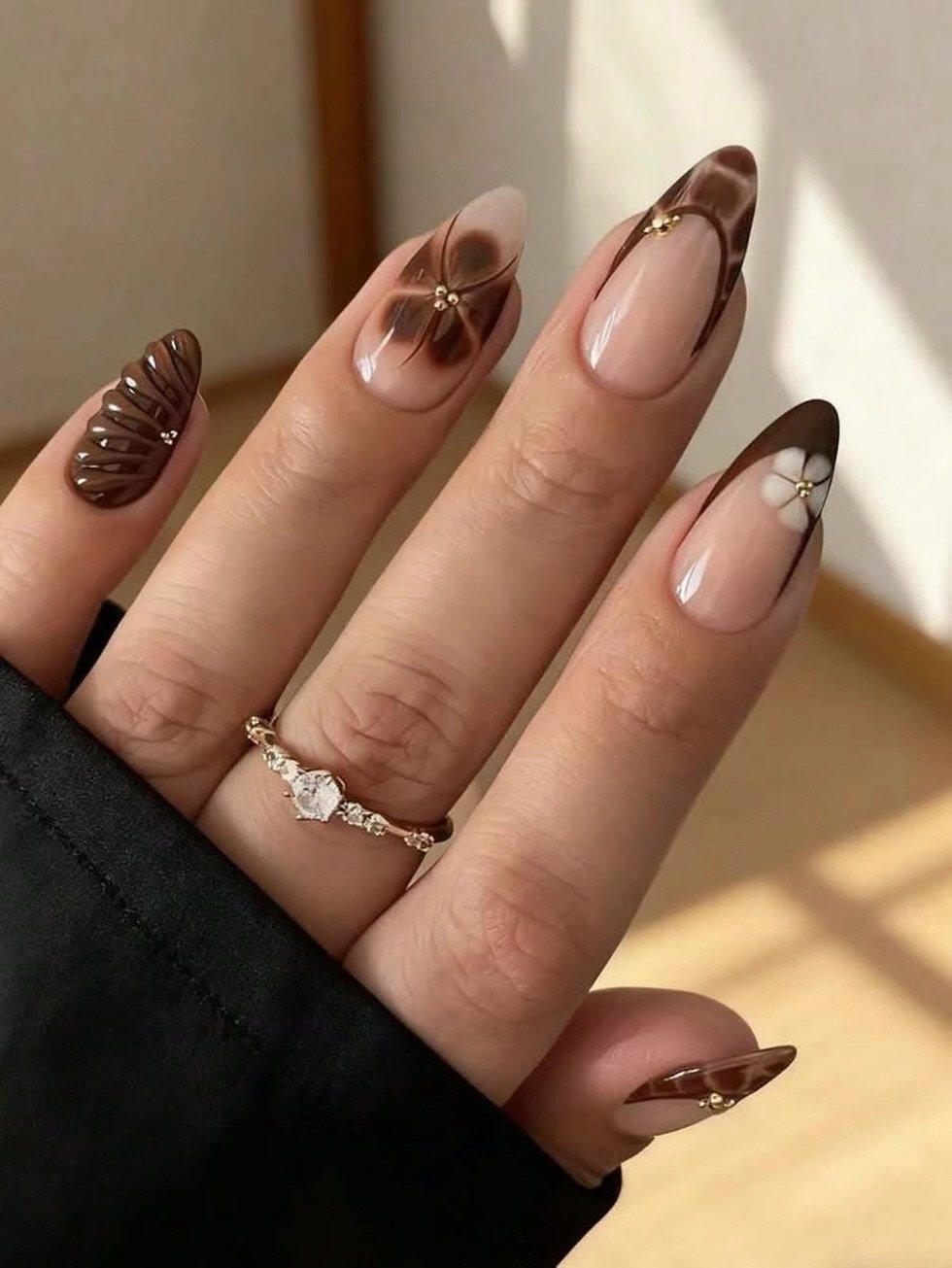 Neutral Brown Marble Almond Nails