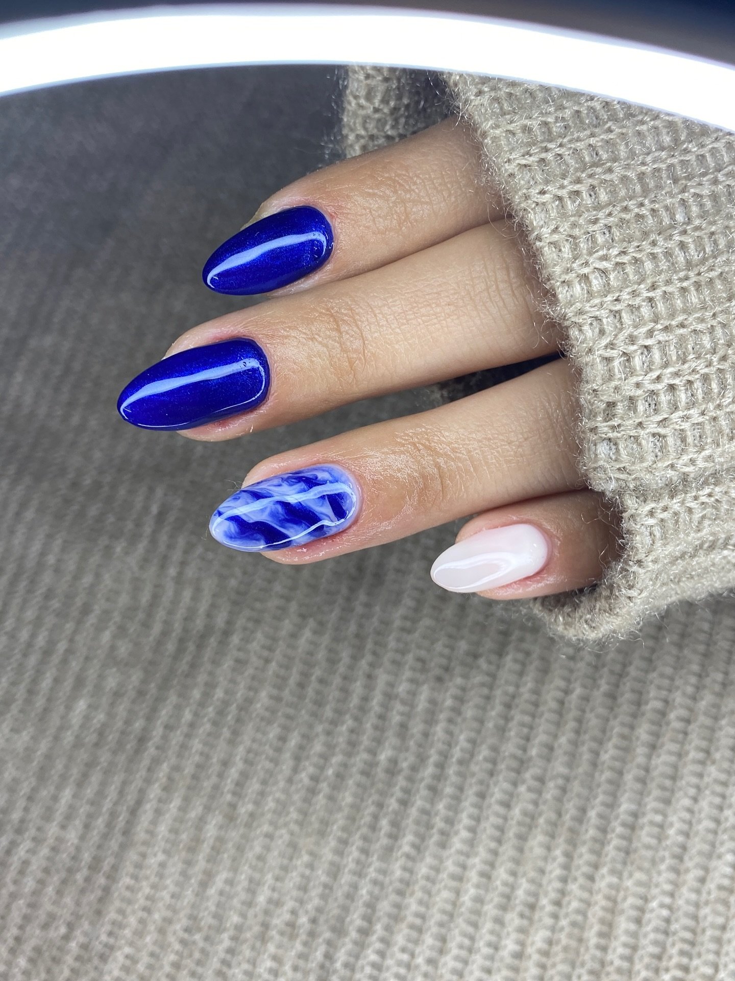 Royal Blue and White Accent Nails