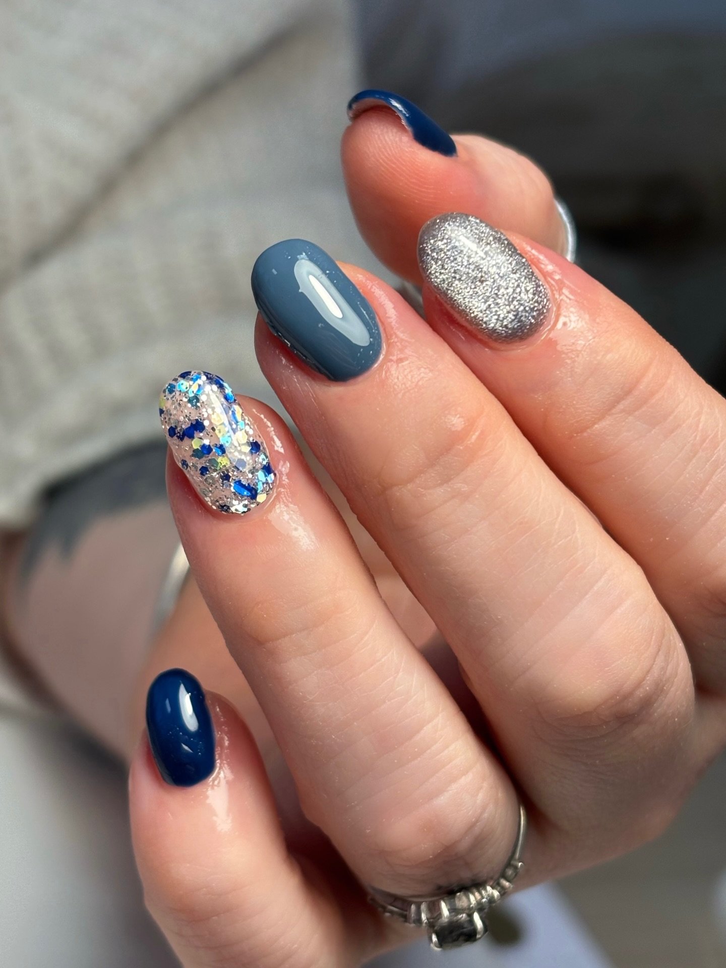 Gray Blue Nails with Colorful Accents