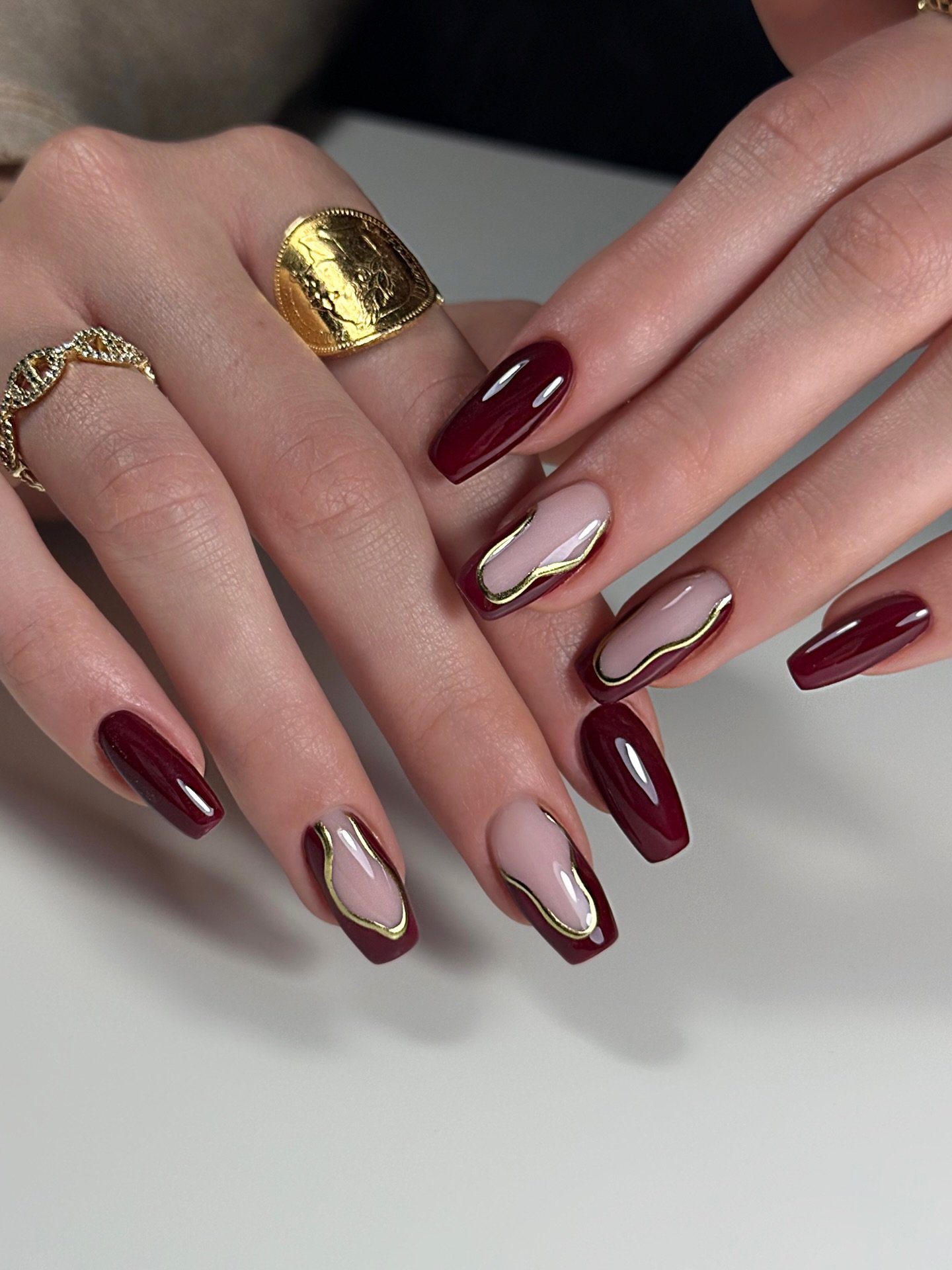 Nude and Burgundy Detailed Nails