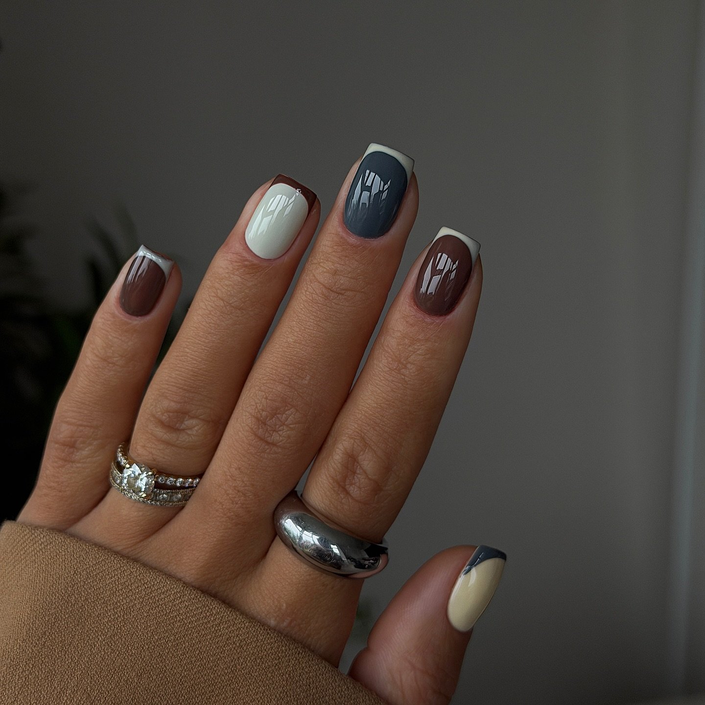 Brown, Gray and Nude Mixed Nails