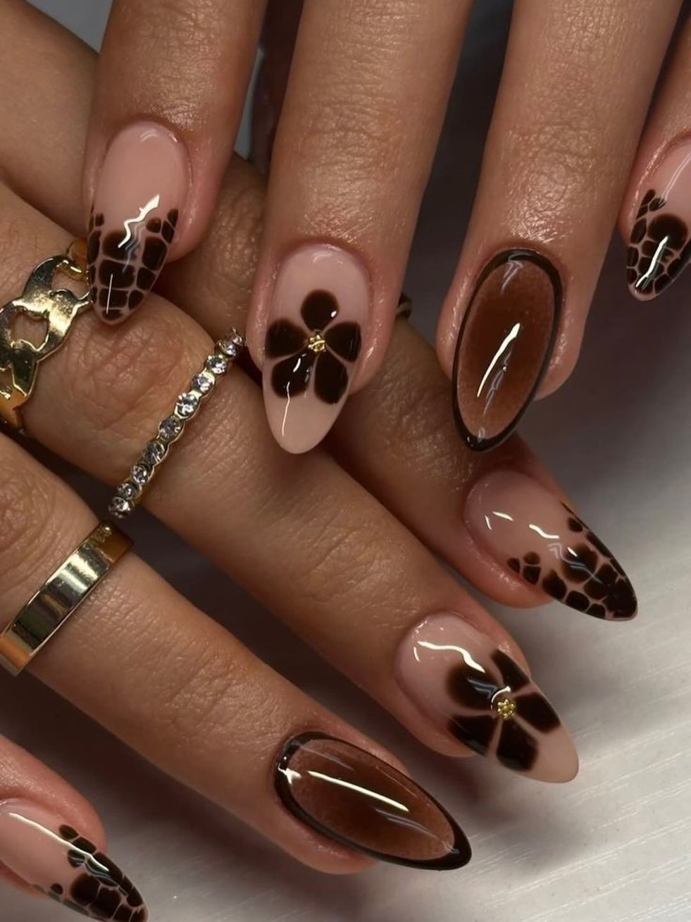 Burgundy and Nude Floral Accent Nails