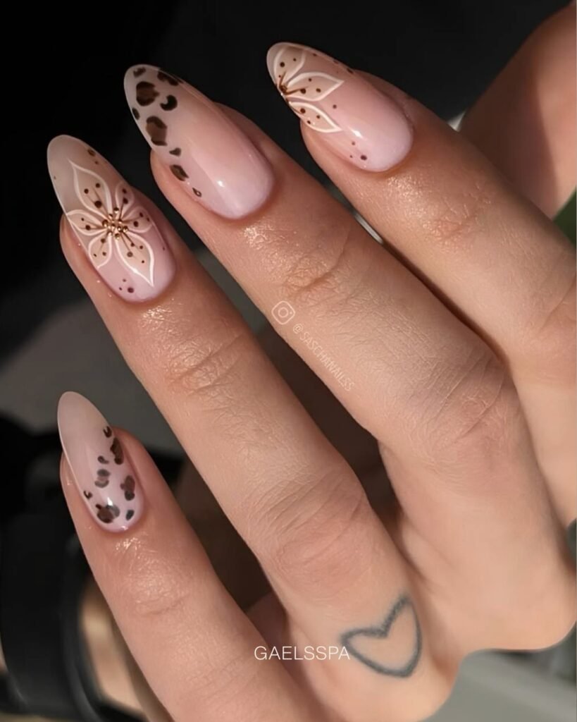 Blush Almond Nails with Brown Floral Details