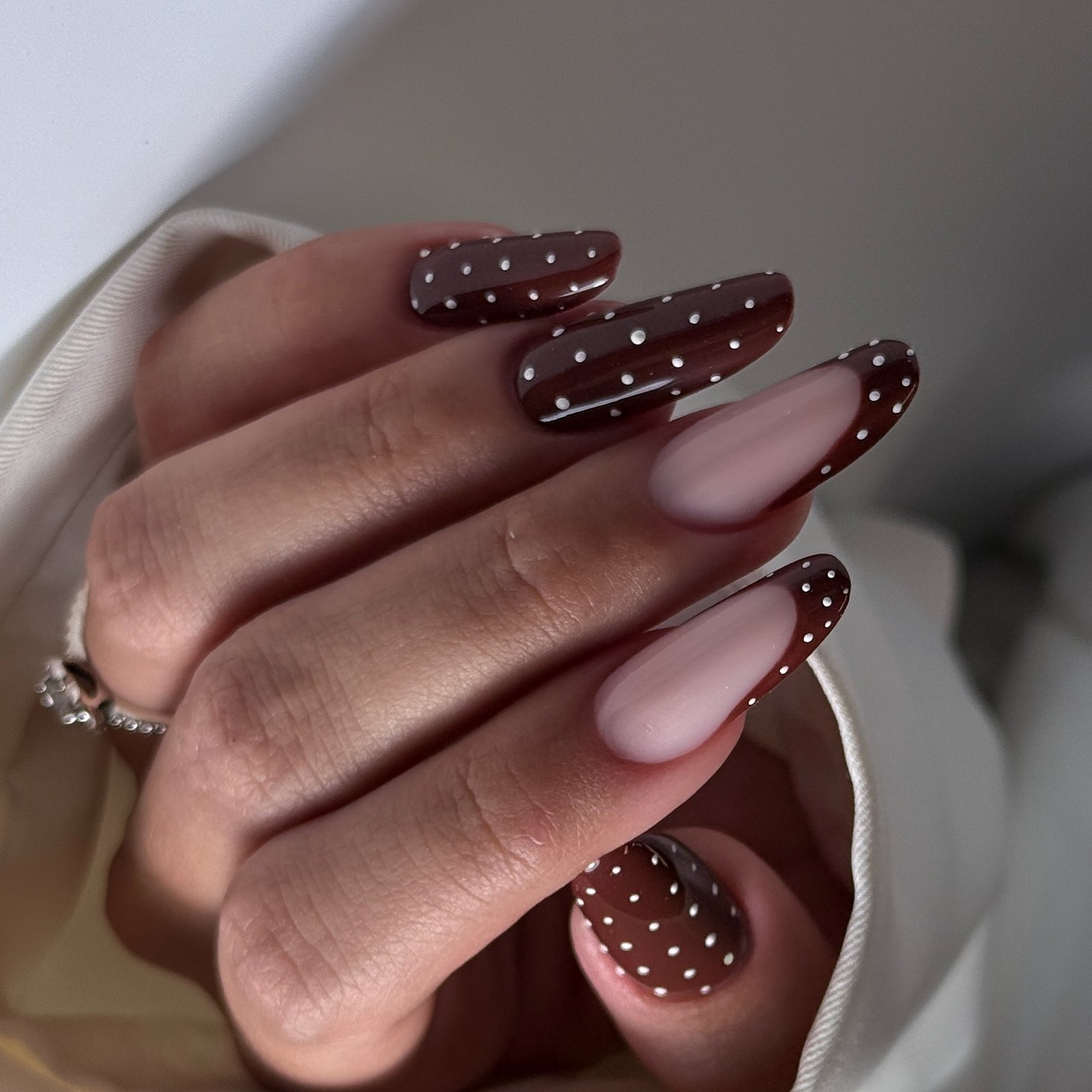 Chocolate Brown Nails with White Dot Accents