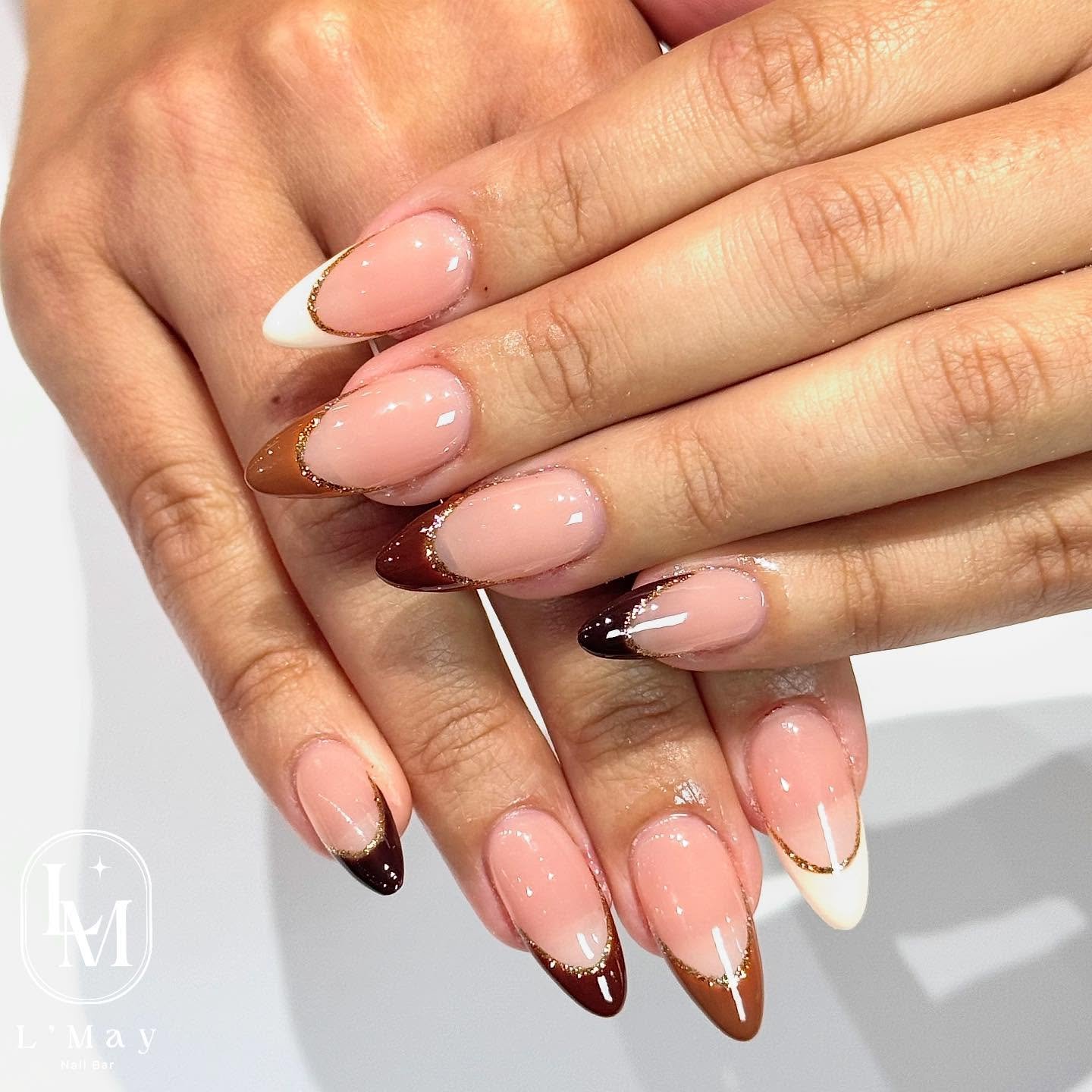 Pink and Brown French Almond Nails