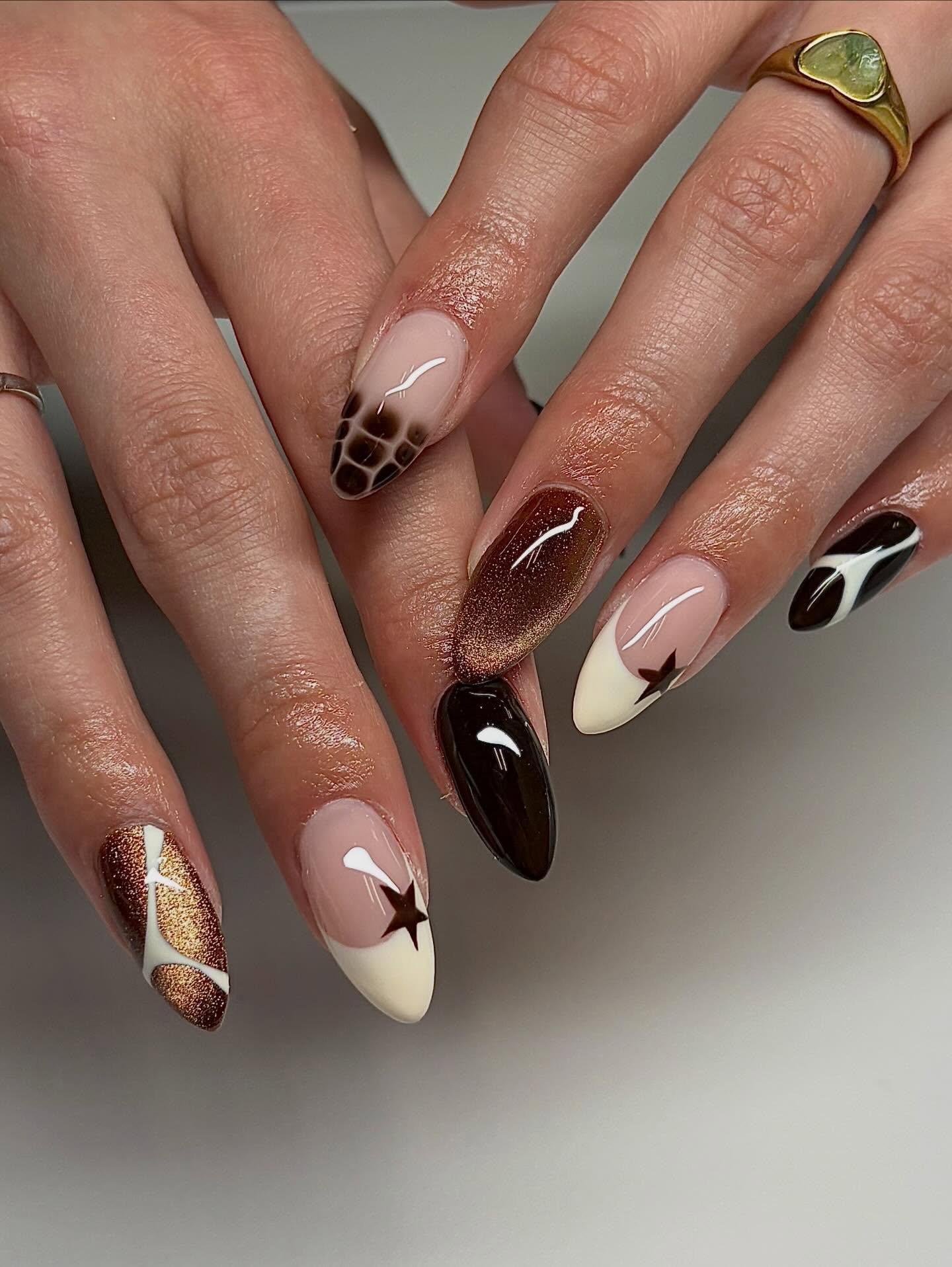 Brown, Nude and White Almond Nails with Graphic Accents