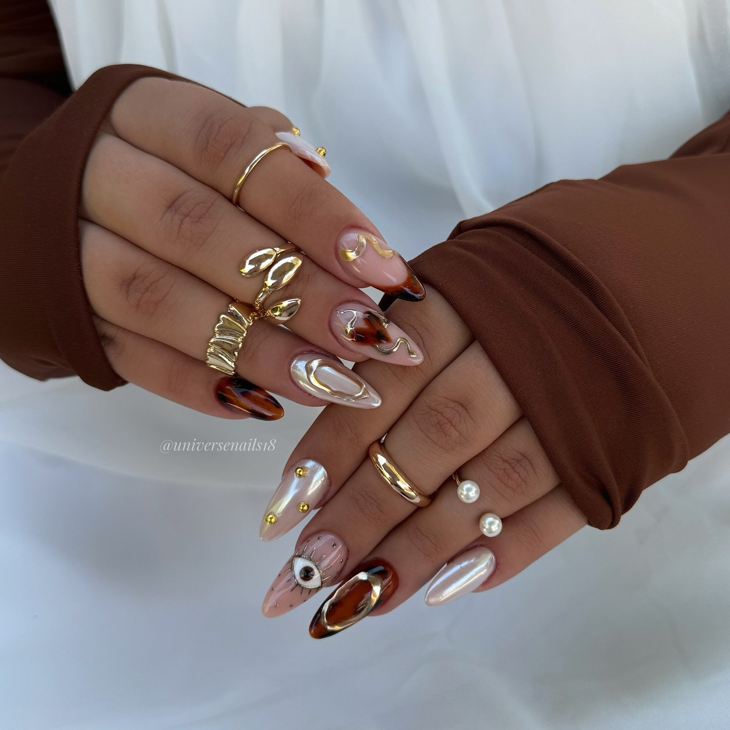 Long Nude and Brown Nails with Gold Details