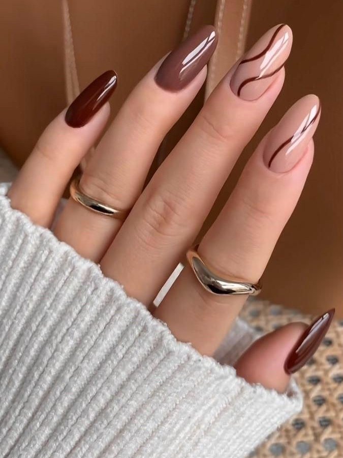 Brown and Nude Almond Nails with Curved Line Art