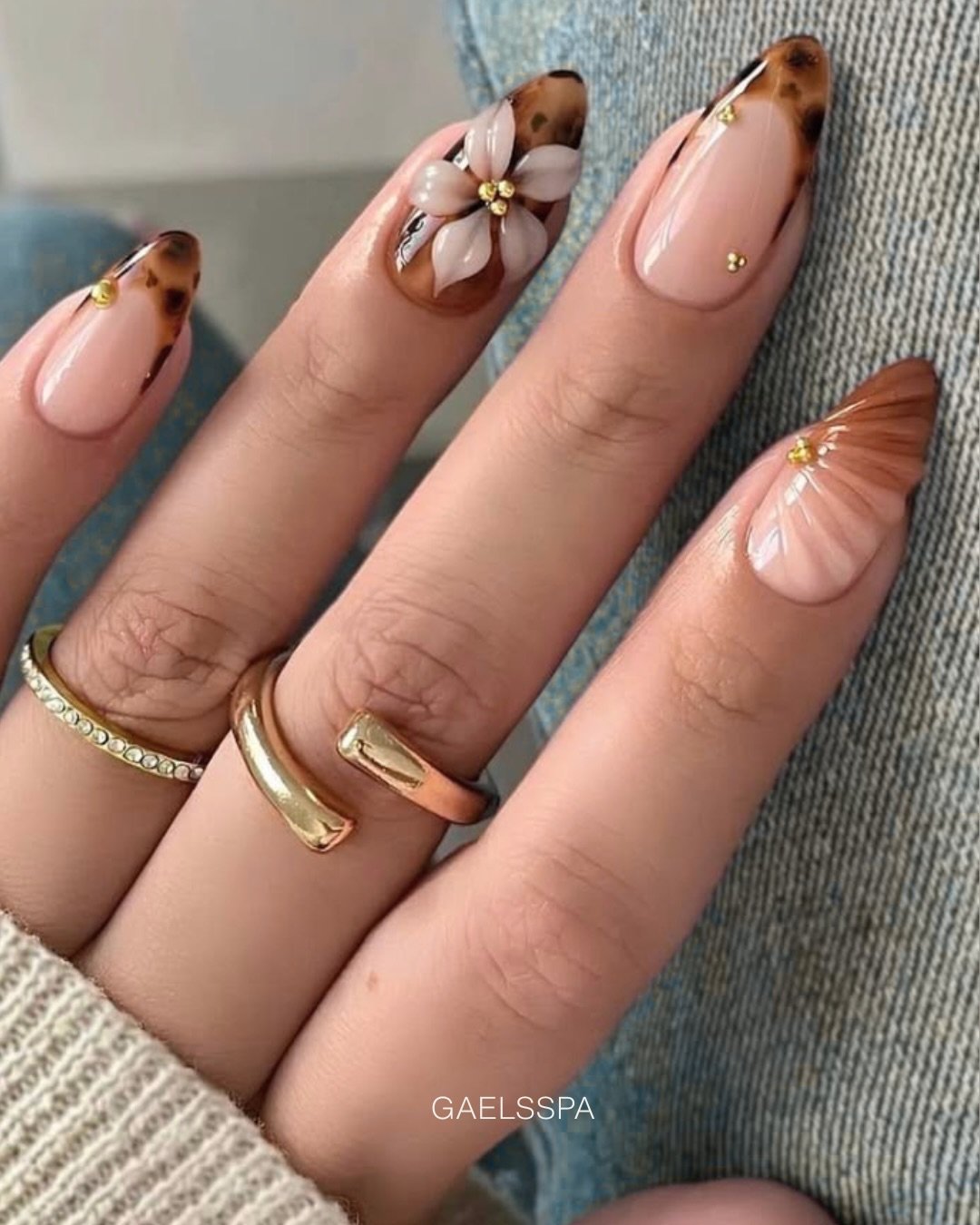 Pink Almond Nails with Brown Tips and 3D Floral Details