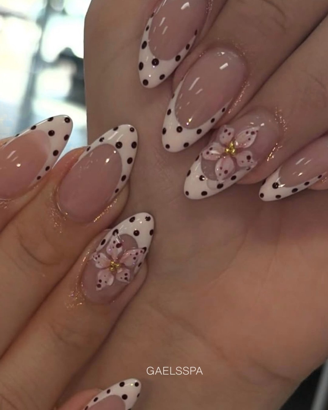 Blush Almond Nails with Brown Polka-Dot Tips