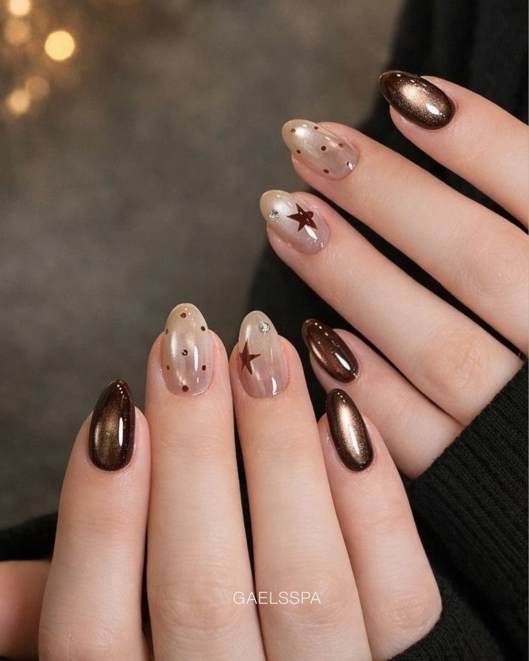Nude Almond Nails with Brown and Metallic Accents