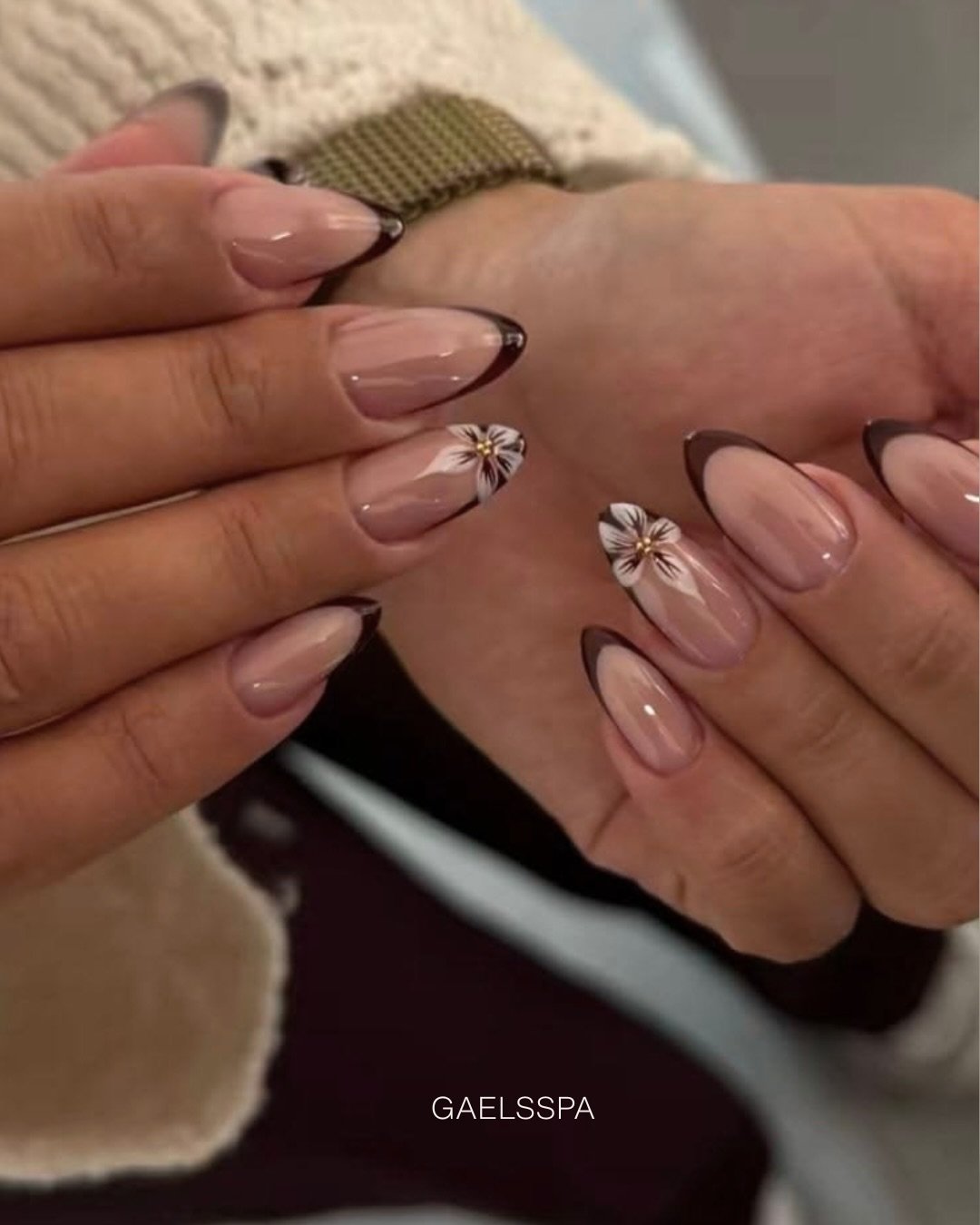 Blush Almond Nails with Tiny Floral Accents