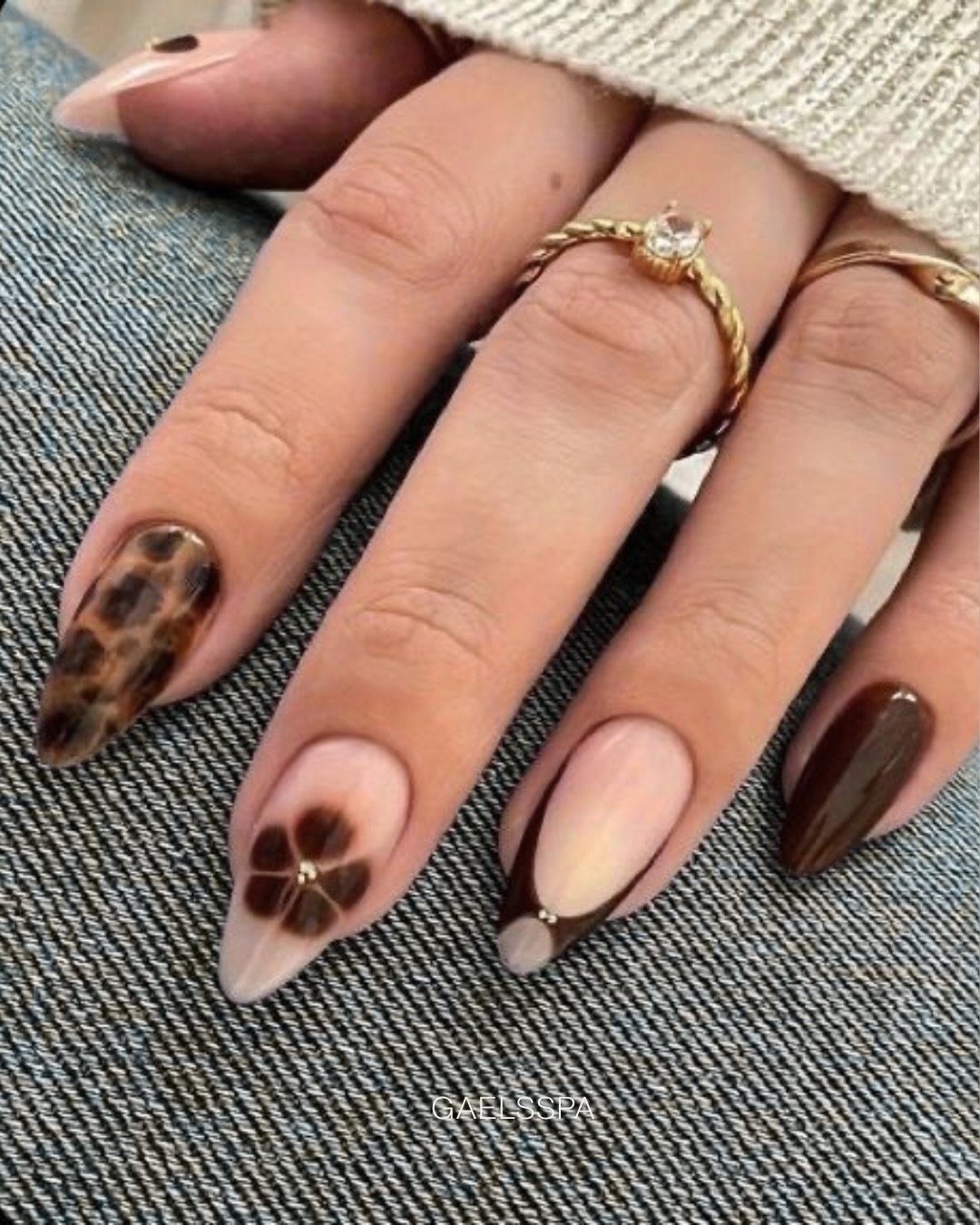 Brown Almond Nails with Floral and Animal-Print Details