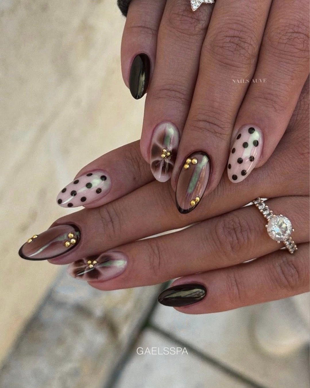 Brown and Nude Almond Nails with Dots and Gold Details