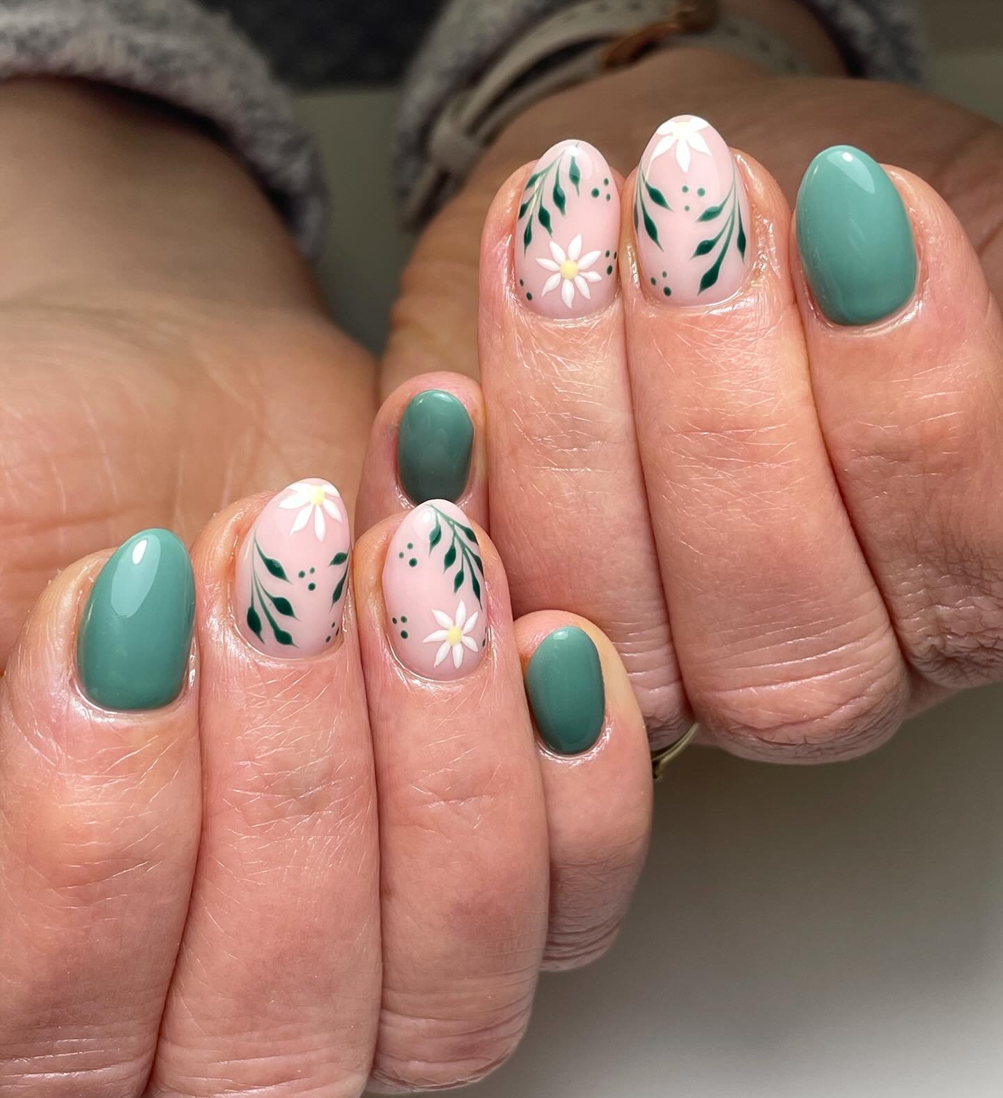 Teal Green Nails with White Floral and Leaf Art — DGd621WAs6wNails by Stacey Griffiths.jpg