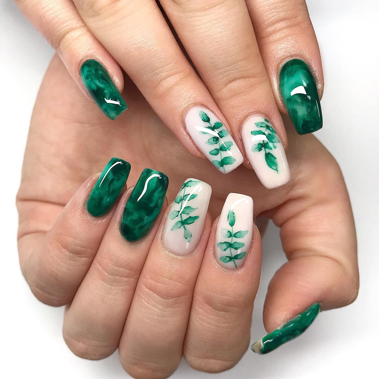 Deep Green and White Nails with Leaf Sprig Art — BxPbsugB66FAmy Rickaby.jpg