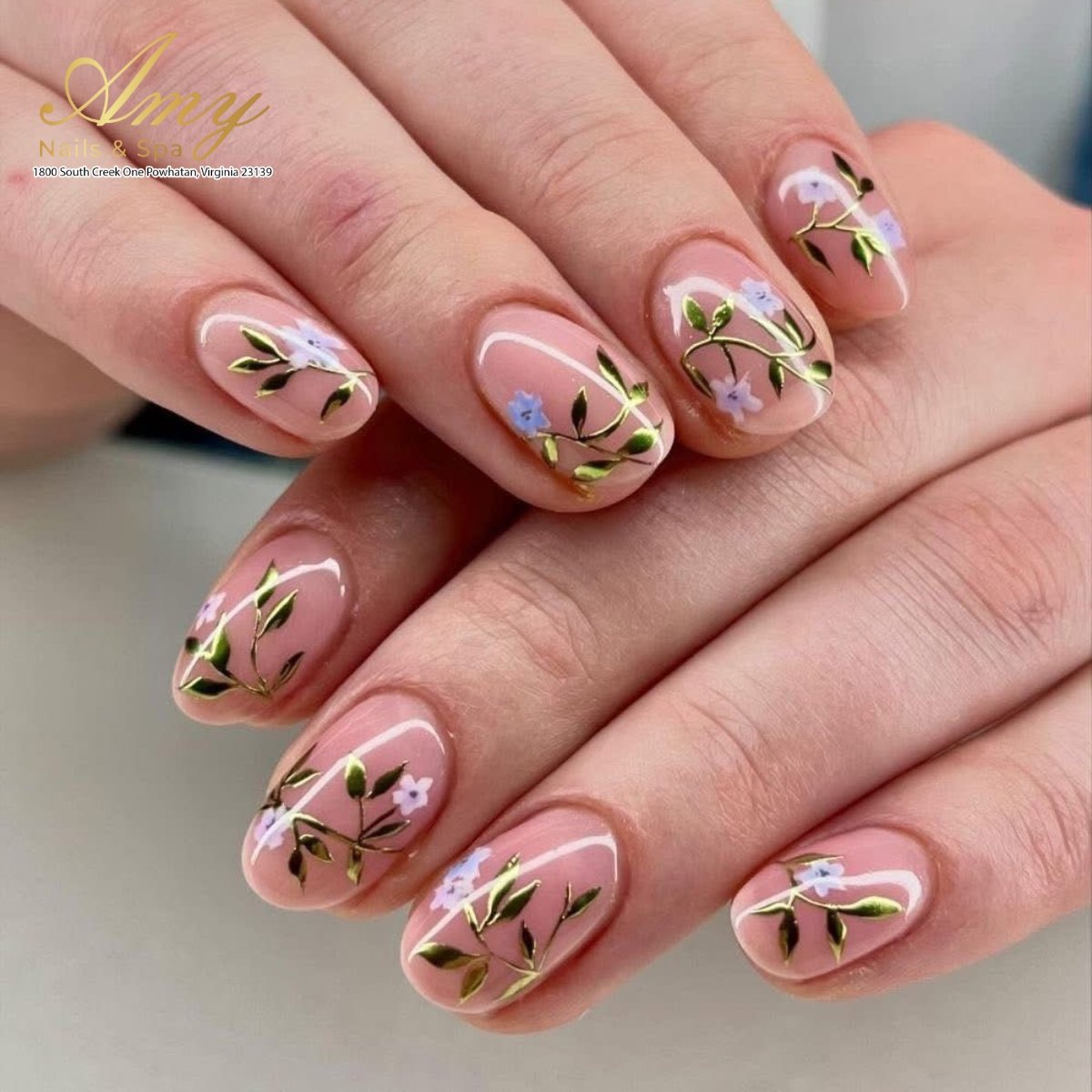 Blush Pink Nails with Fine Green and Gold Botanical Lines — DNGSqFFtObsAmy Nails & Spa Powhatan.jpg