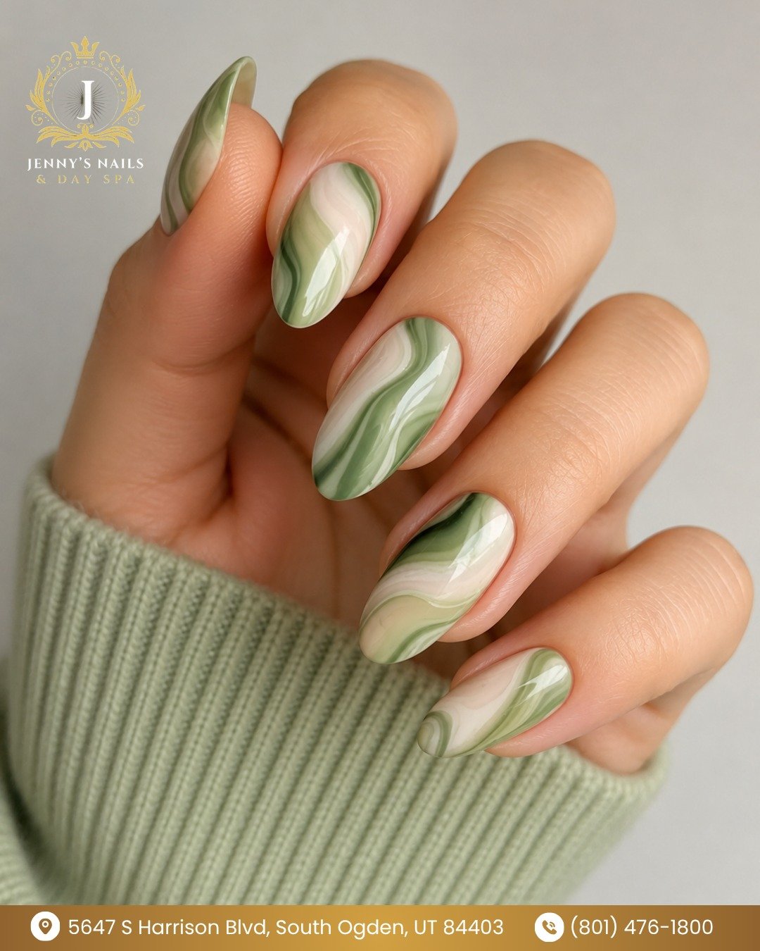 Green and Cream Swirl Nails — DaivgF9m-KlJenny Nails & Day spa - Nail Salon South Ogden Utah.jpg